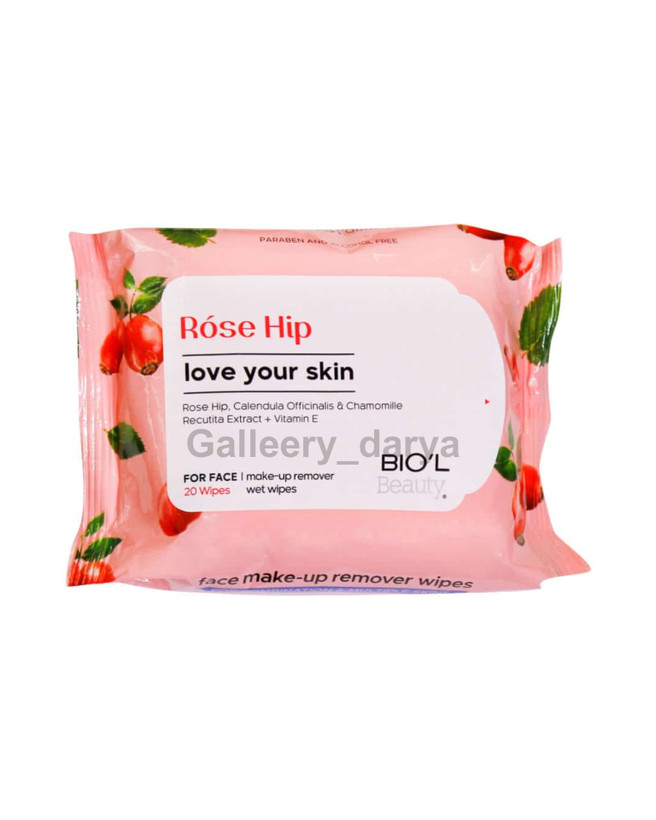 قیمت خرید دستمال مرطوب پاک کننده آرایش رز هیپ بسته ۲۰ عددی برند بیول BIOL